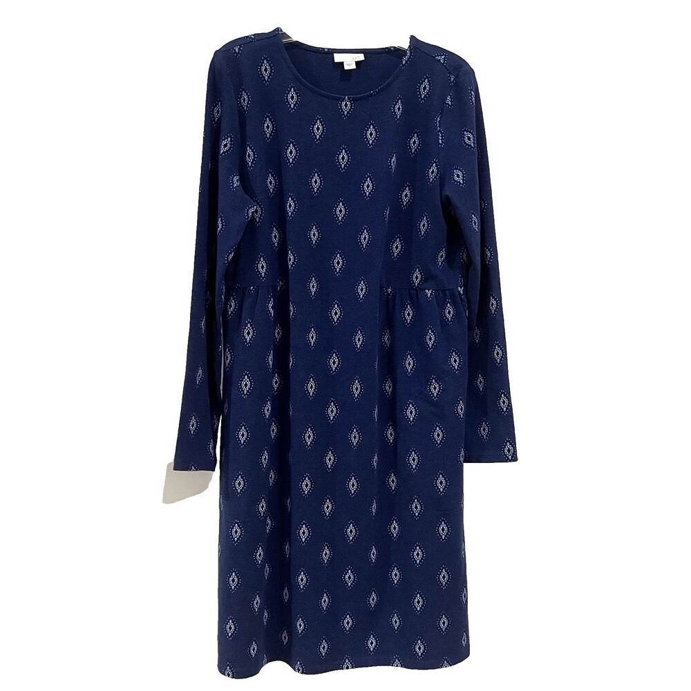 J Jill Cotton Blend Knit Small Empire Shift Knee Length Dress Pockets Blue Ikat